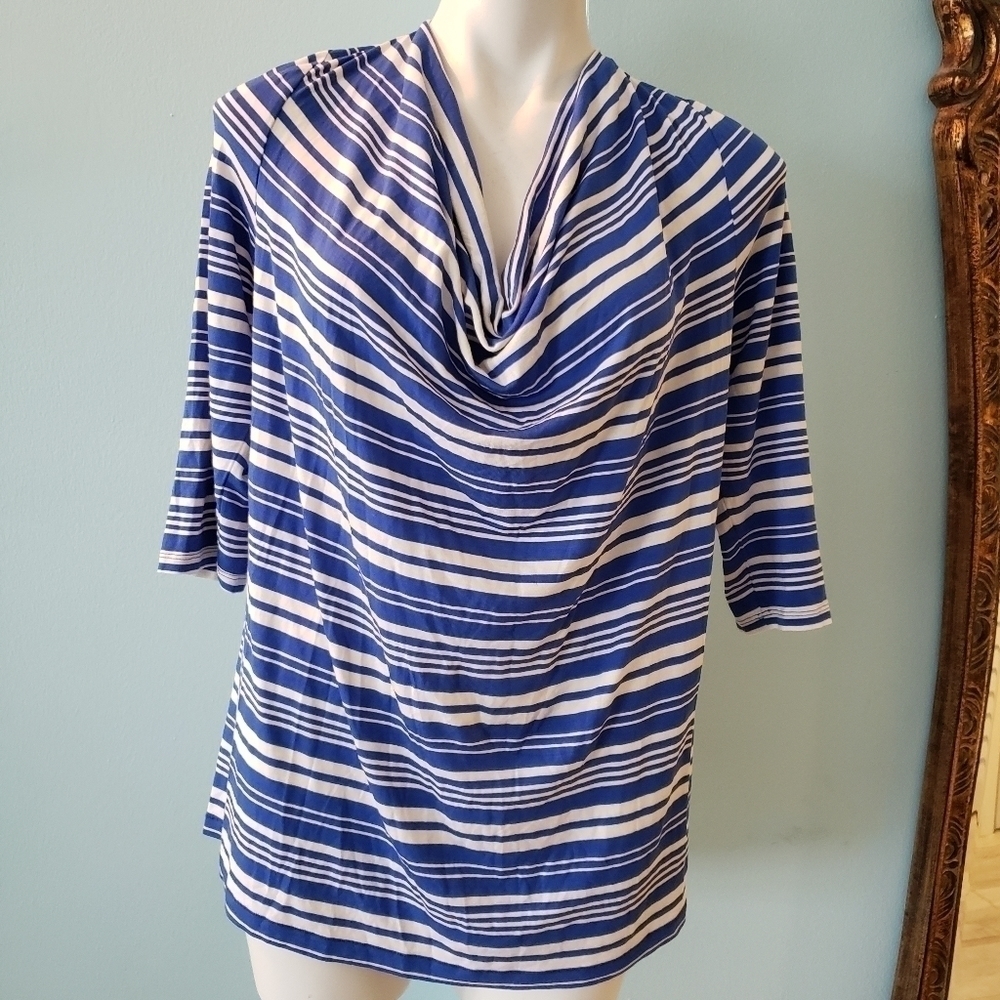LANE BRYANT BLUE AND WHITE STRIPED COWL NECK TOP